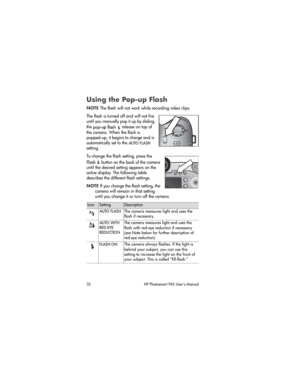 Using the pop-up flash | HP PhotoSmart 945 User Manual | Page 32 / 150