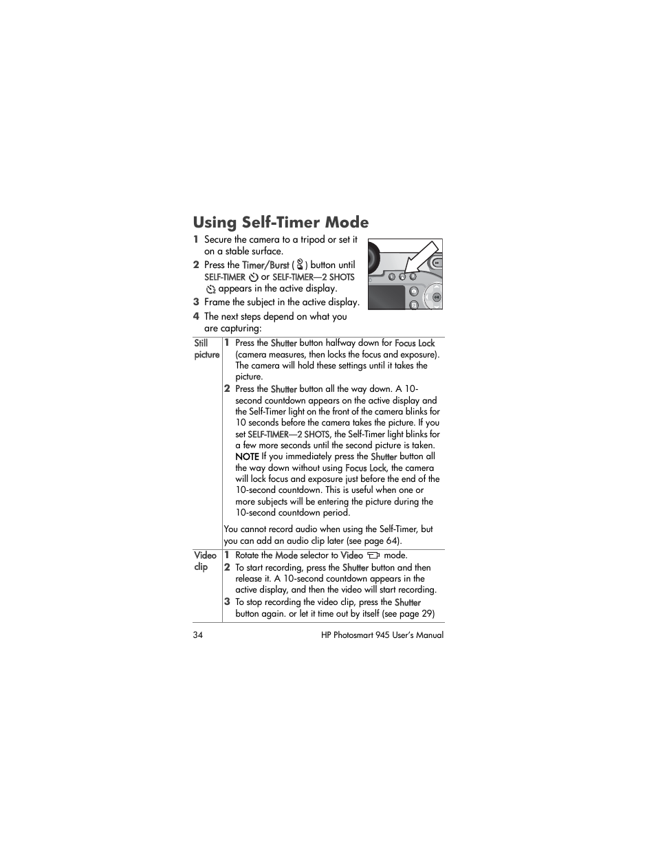 Using self-timer mode | HP PhotoSmart 945 User Manual | Page 34 / 150