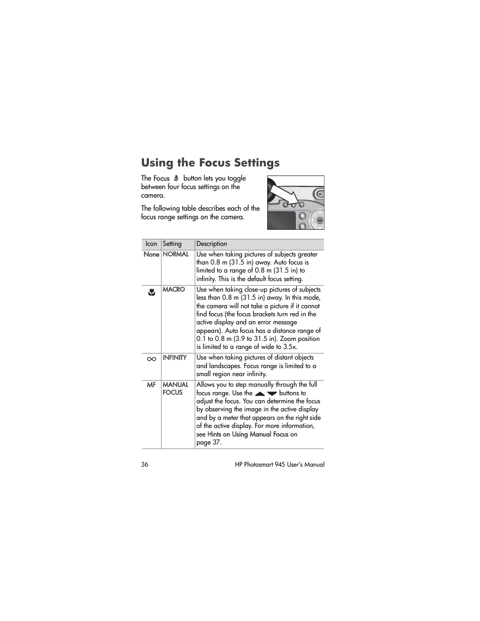 Using the focus settings | HP PhotoSmart 945 User Manual | Page 36 / 150