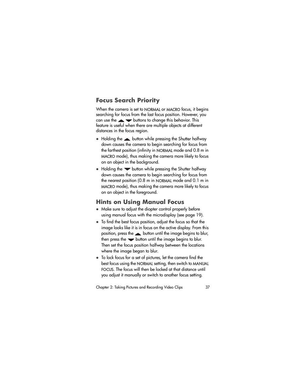 Focus search priority, Hints on using manual focus | HP PhotoSmart 945 User Manual | Page 37 / 150