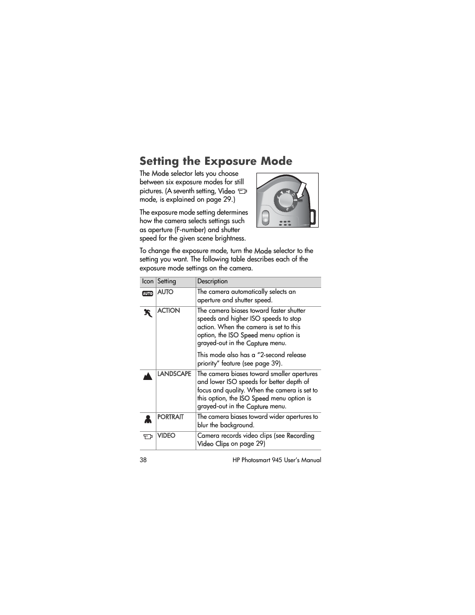 Setting the exposure mode, Setting the exposure mode on | HP PhotoSmart 945 User Manual | Page 38 / 150