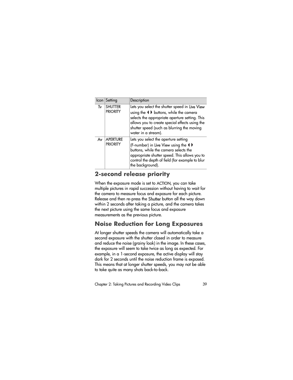 Second release priority, Noise reduction for long exposures | HP PhotoSmart 945 User Manual | Page 39 / 150