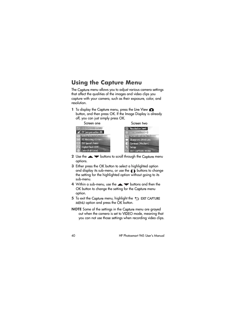 Using the capture menu | HP PhotoSmart 945 User Manual | Page 40 / 150