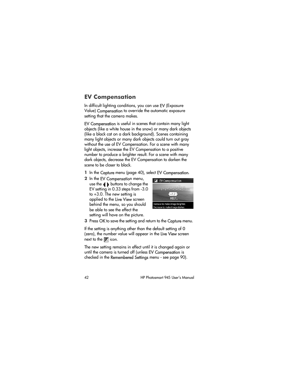 Ev compensation | HP PhotoSmart 945 User Manual | Page 42 / 150