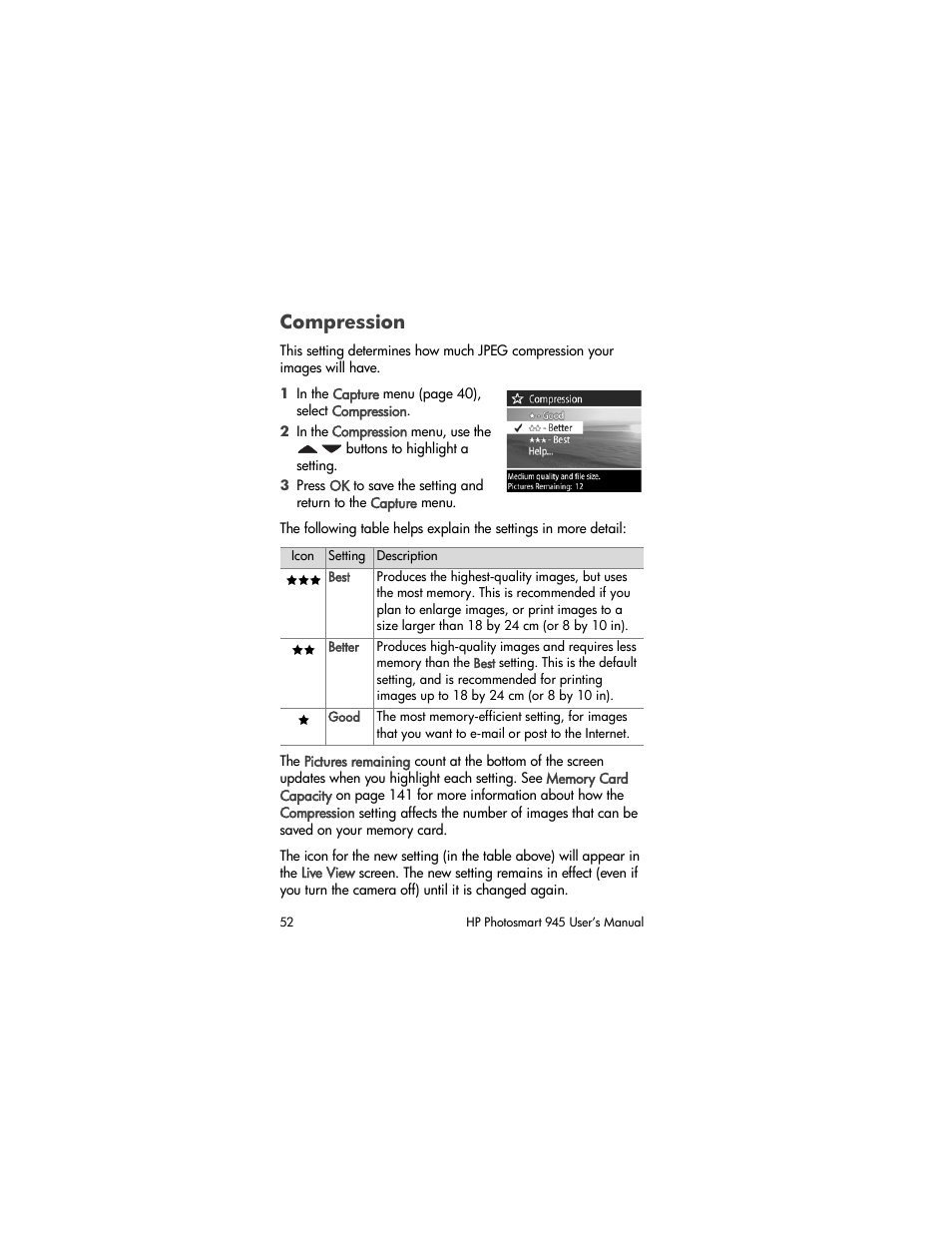 Compression | HP PhotoSmart 945 User Manual | Page 52 / 150