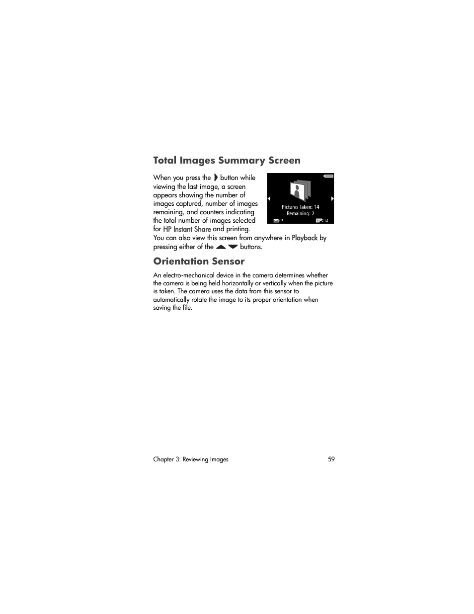 Total images summary screen, Orientation sensor | HP PhotoSmart 945 User Manual | Page 59 / 150