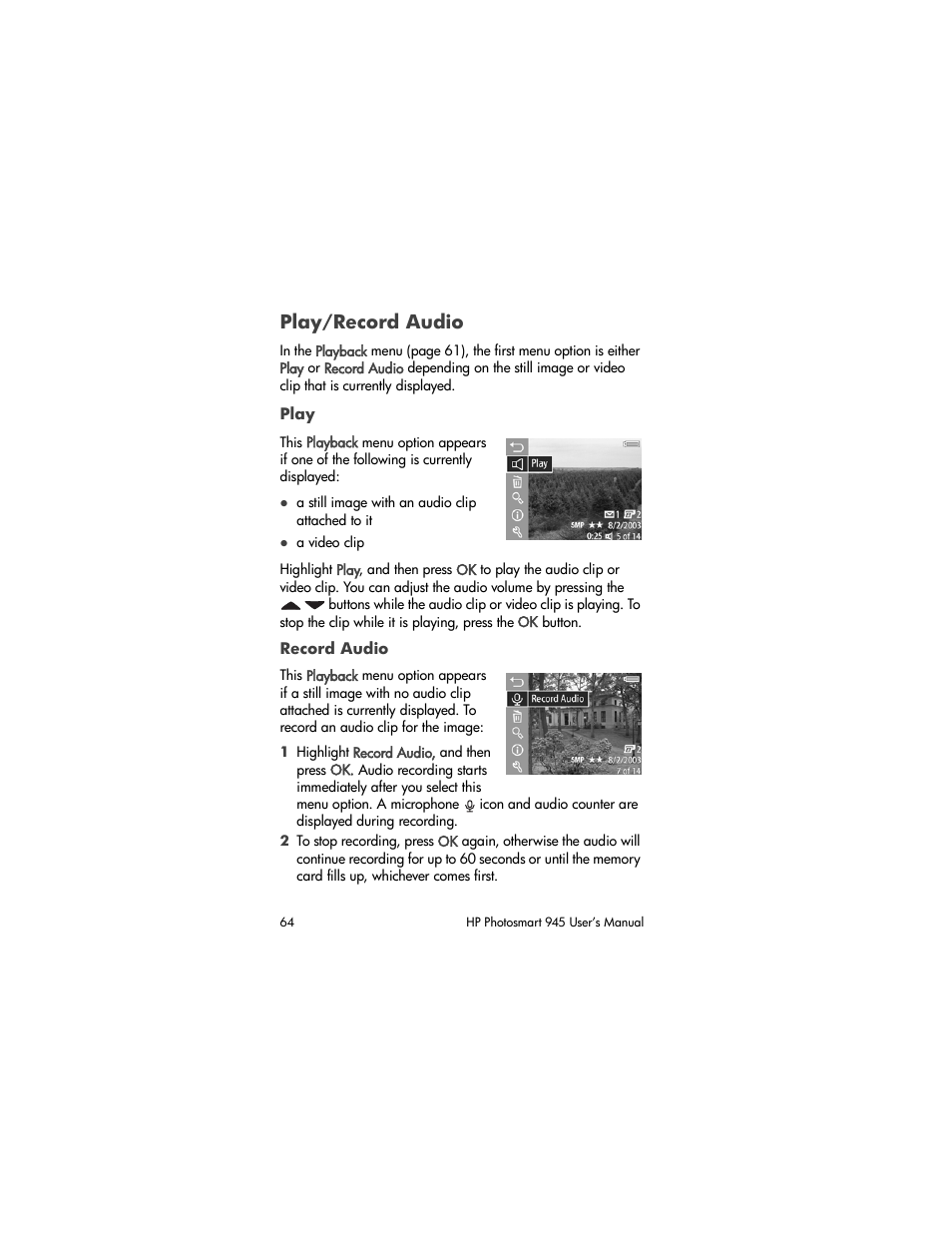 Play/record audio, Play, Record audio | Play/record, Audio | HP PhotoSmart 945 User Manual | Page 64 / 150