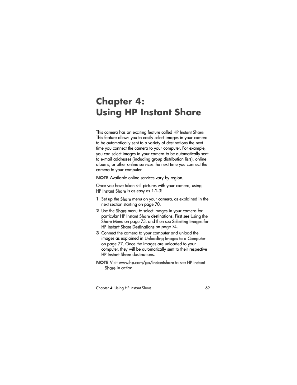 Chapter 4: using hp instant share, Chapter 4, Using hp instant share | HP PhotoSmart 945 User Manual | Page 69 / 150