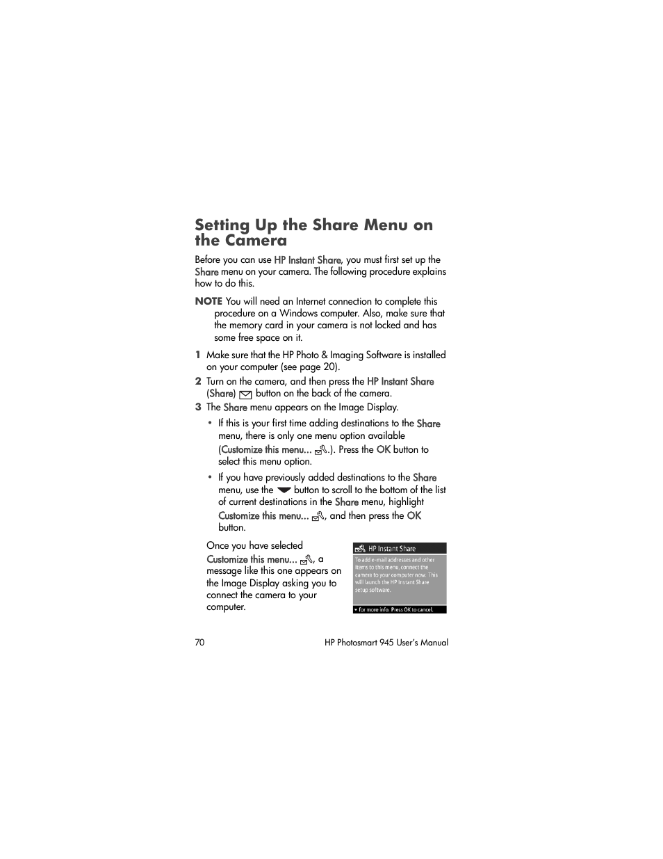 Setting up the share menu on the camera | HP PhotoSmart 945 User Manual | Page 70 / 150