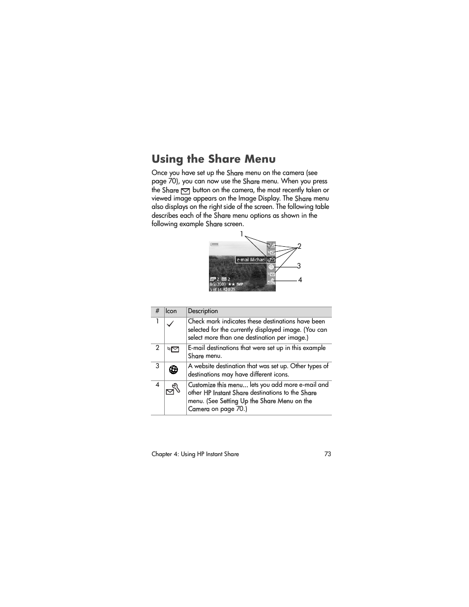 Using the share menu, Using the, Share menu | HP PhotoSmart 945 User Manual | Page 73 / 150