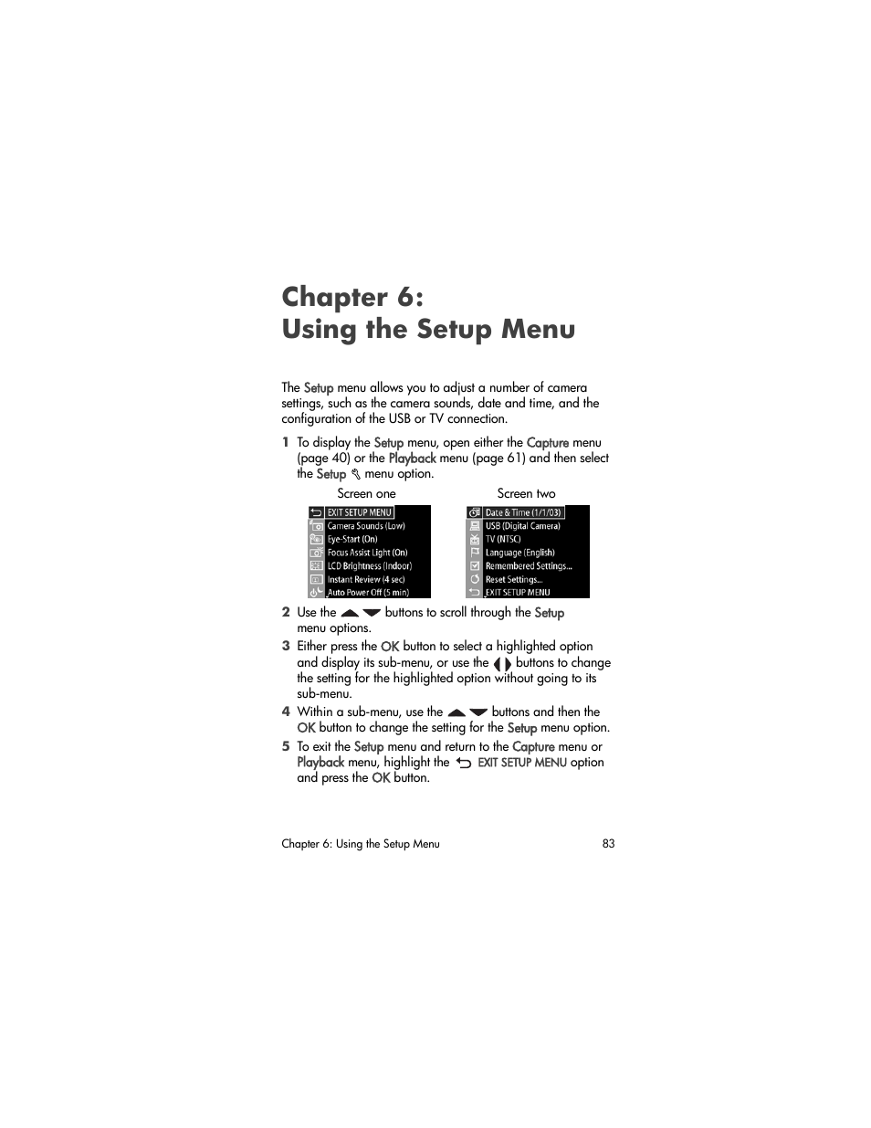 Chapter 6: using the setup menu, Chapter 6, Using the setup menu | Chapter 6: using, The setup menu | HP PhotoSmart 945 User Manual | Page 83 / 150
