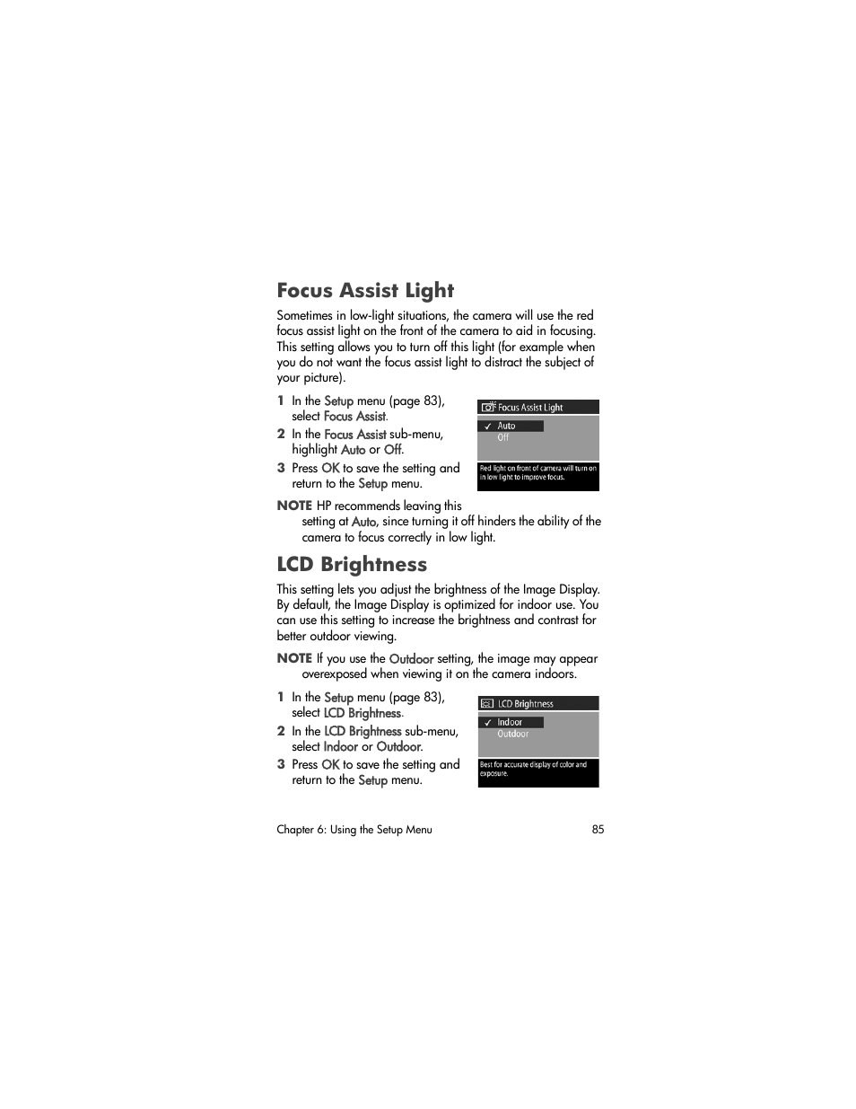 Focus assist light, Lcd brightness | HP PhotoSmart 945 User Manual | Page 85 / 150