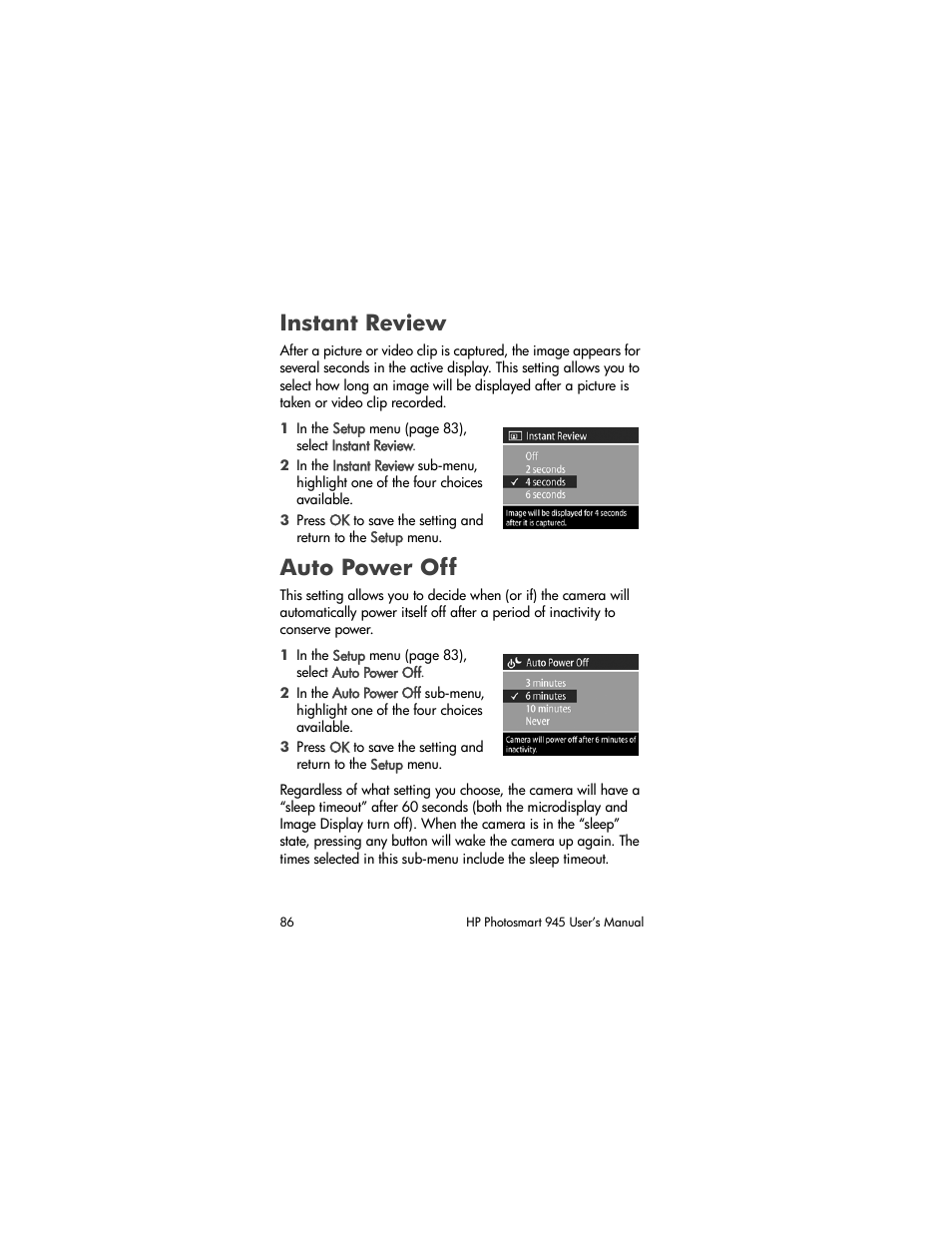 Instant review, Auto power off | HP PhotoSmart 945 User Manual | Page 86 / 150