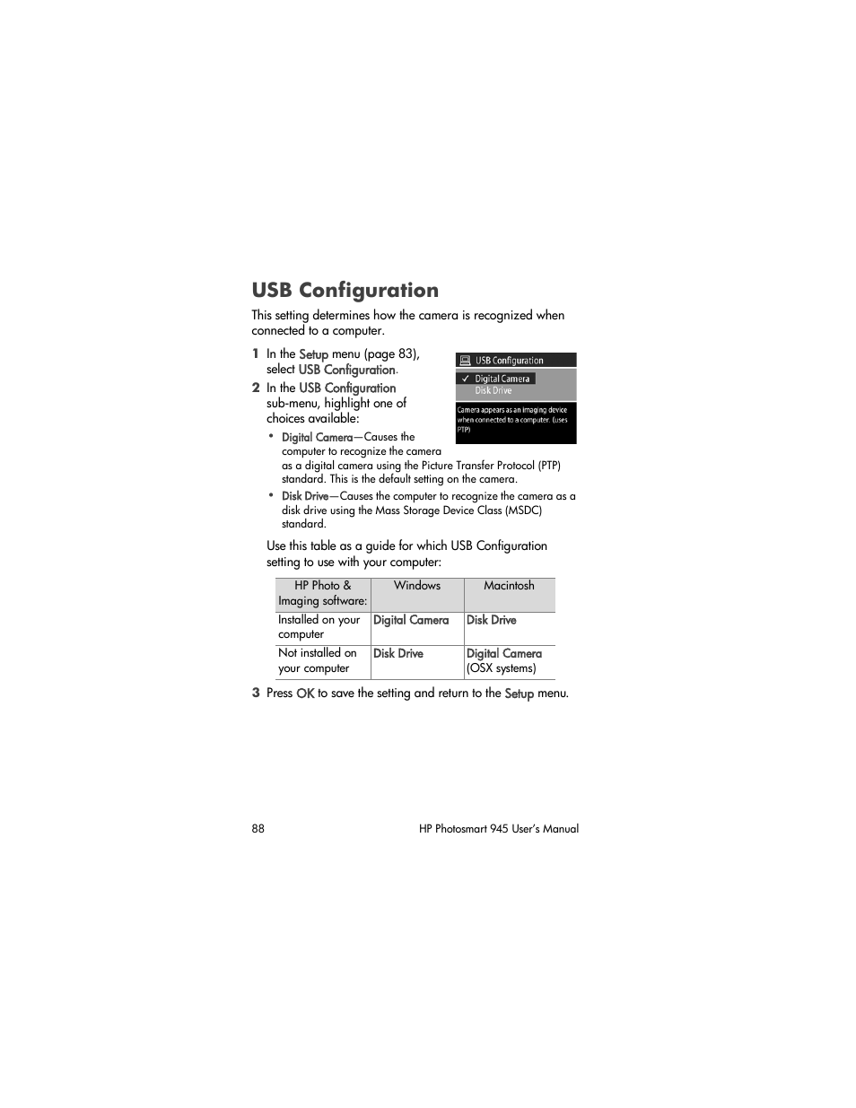 Usb configuration, Configuration | HP PhotoSmart 945 User Manual | Page 88 / 150