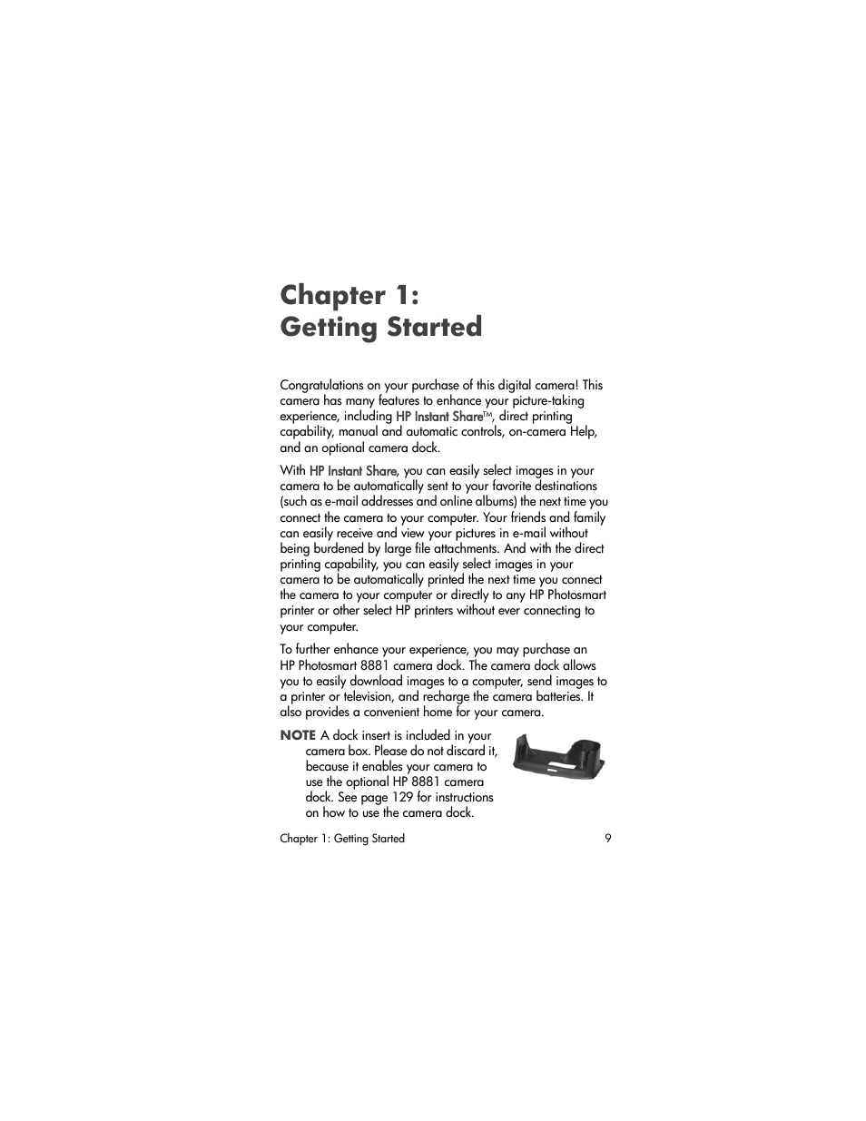 Chapter 1: getting started, Chapter 1, Getting started | HP PhotoSmart 945 User Manual | Page 9 / 150