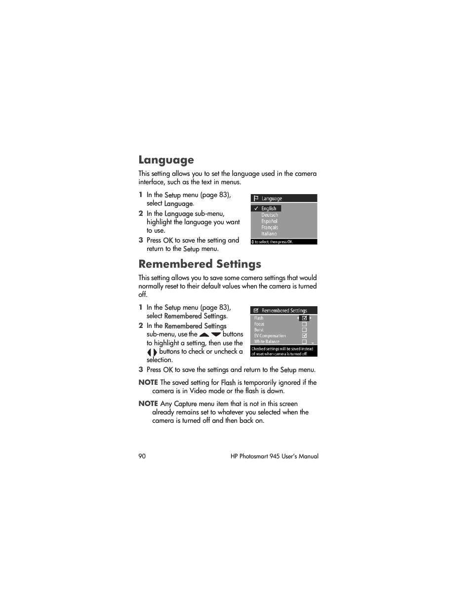 Language, Remembered settings | HP PhotoSmart 945 User Manual | Page 90 / 150