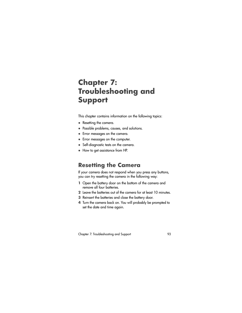 Chapter 7: troubleshooting and support, Resetting the camera, Chapter 7 | Troubleshooting and support | HP PhotoSmart 945 User Manual | Page 93 / 150