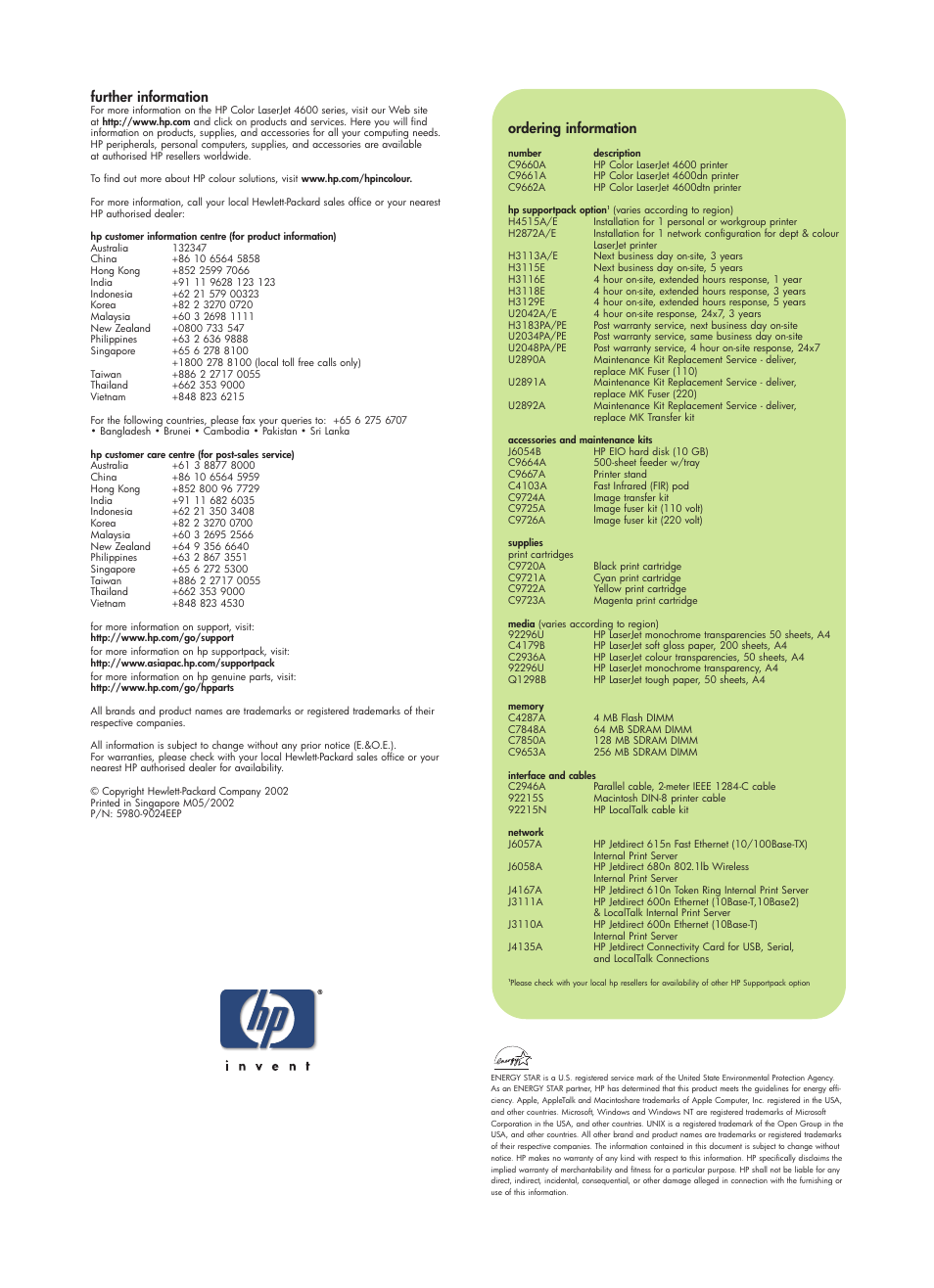 Further information, Ordering information | HP 4600 Series User Manual | Page 12 / 12