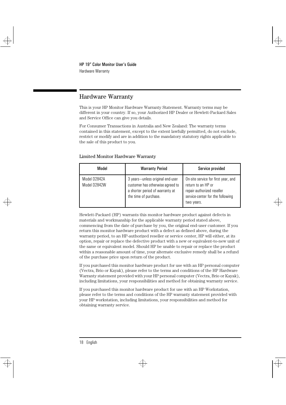 Hardware warranty | HP D2842W User Manual | Page 20 / 27