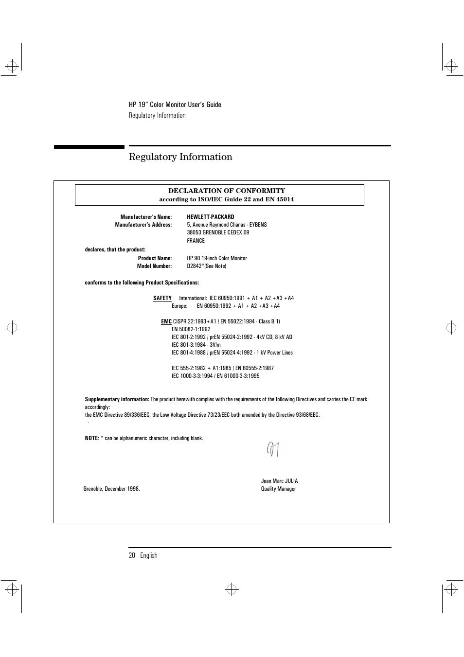 Regulatory information | HP D2842W User Manual | Page 22 / 27