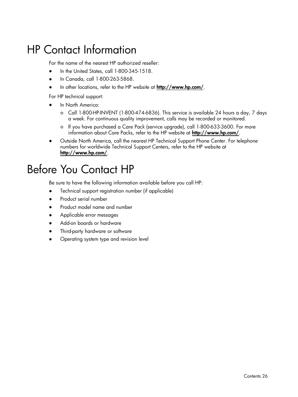 Hp contact information, Before you contact hp | HP DL185 User Manual | Page 26 / 103