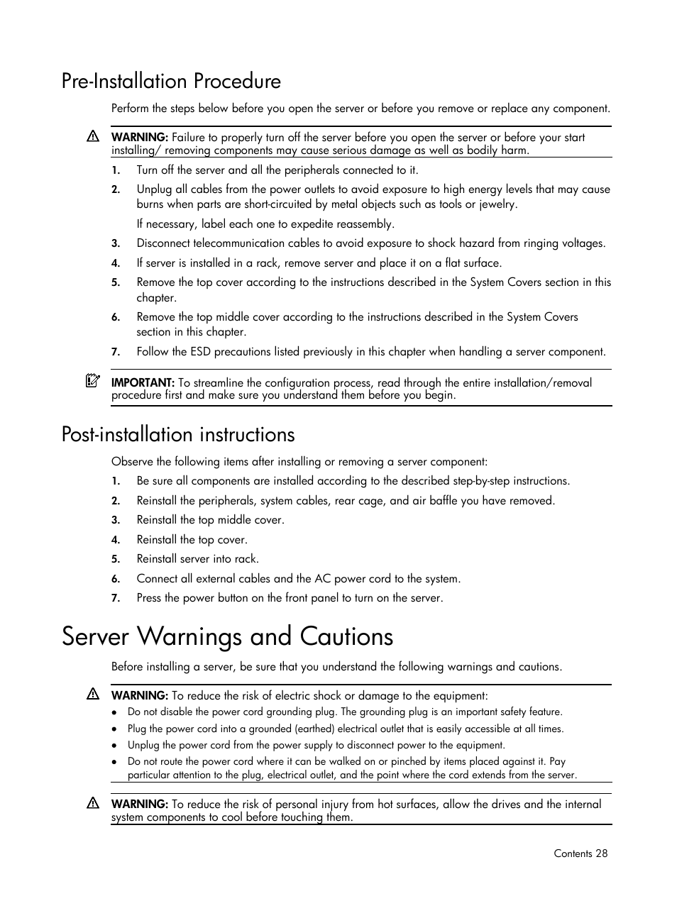 Pre-installation procedure, Post-installation instructions, Server warnings and cautions | HP DL185 User Manual | Page 28 / 103