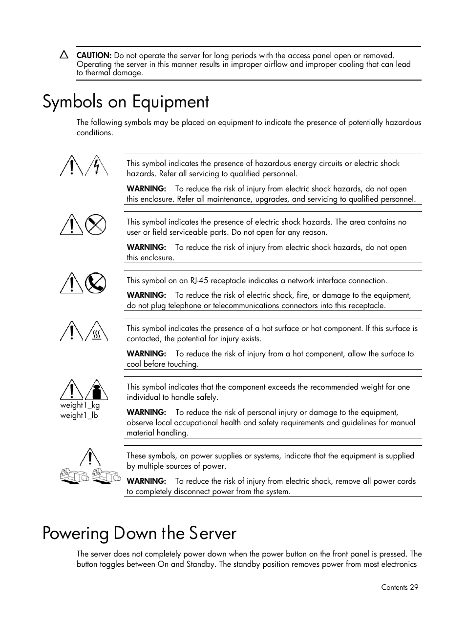 Symbols on equipment, Powering down the server | HP DL185 User Manual | Page 29 / 103