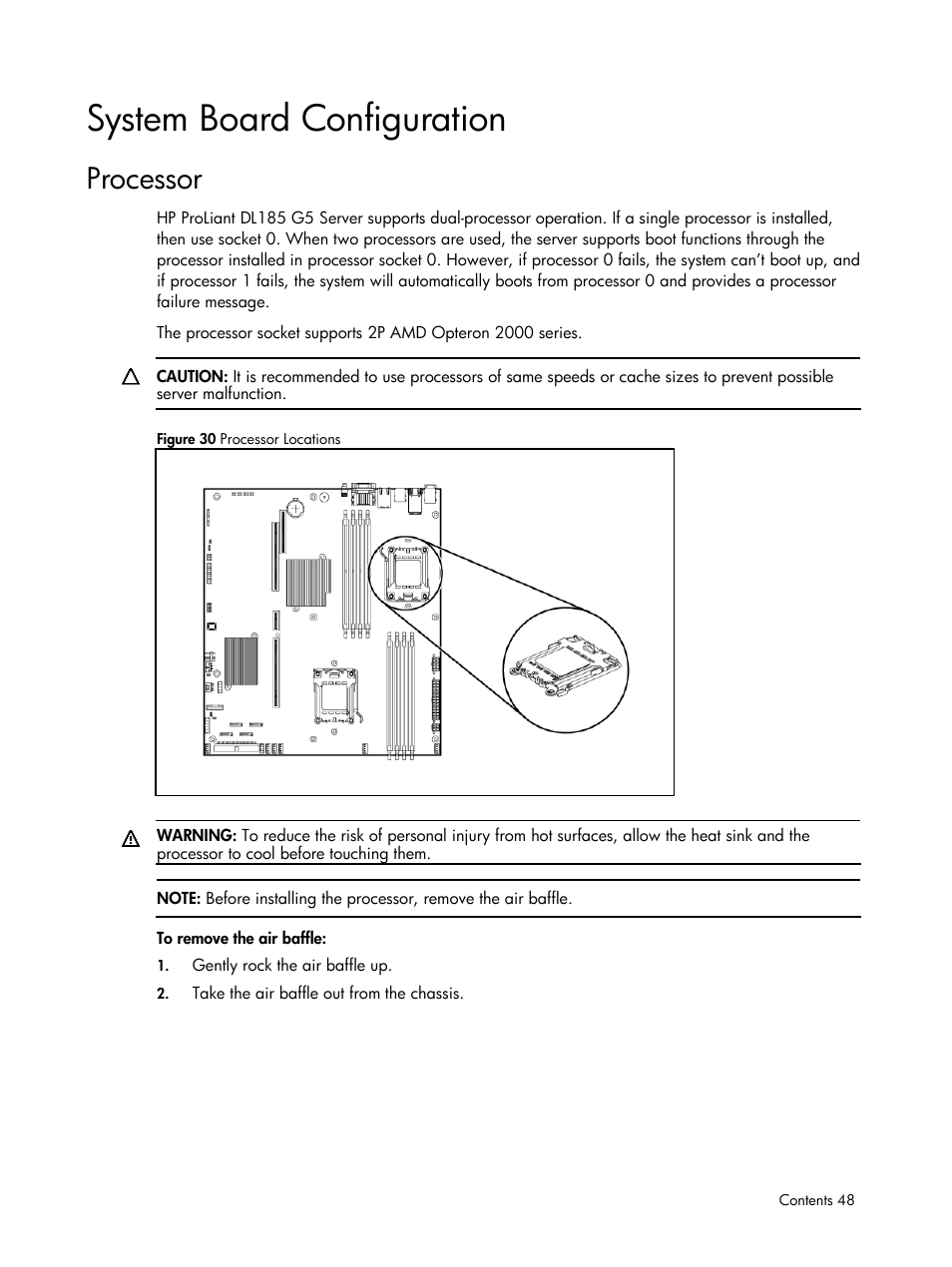 System board configuration, Processor | HP DL185 User Manual | Page 48 / 103