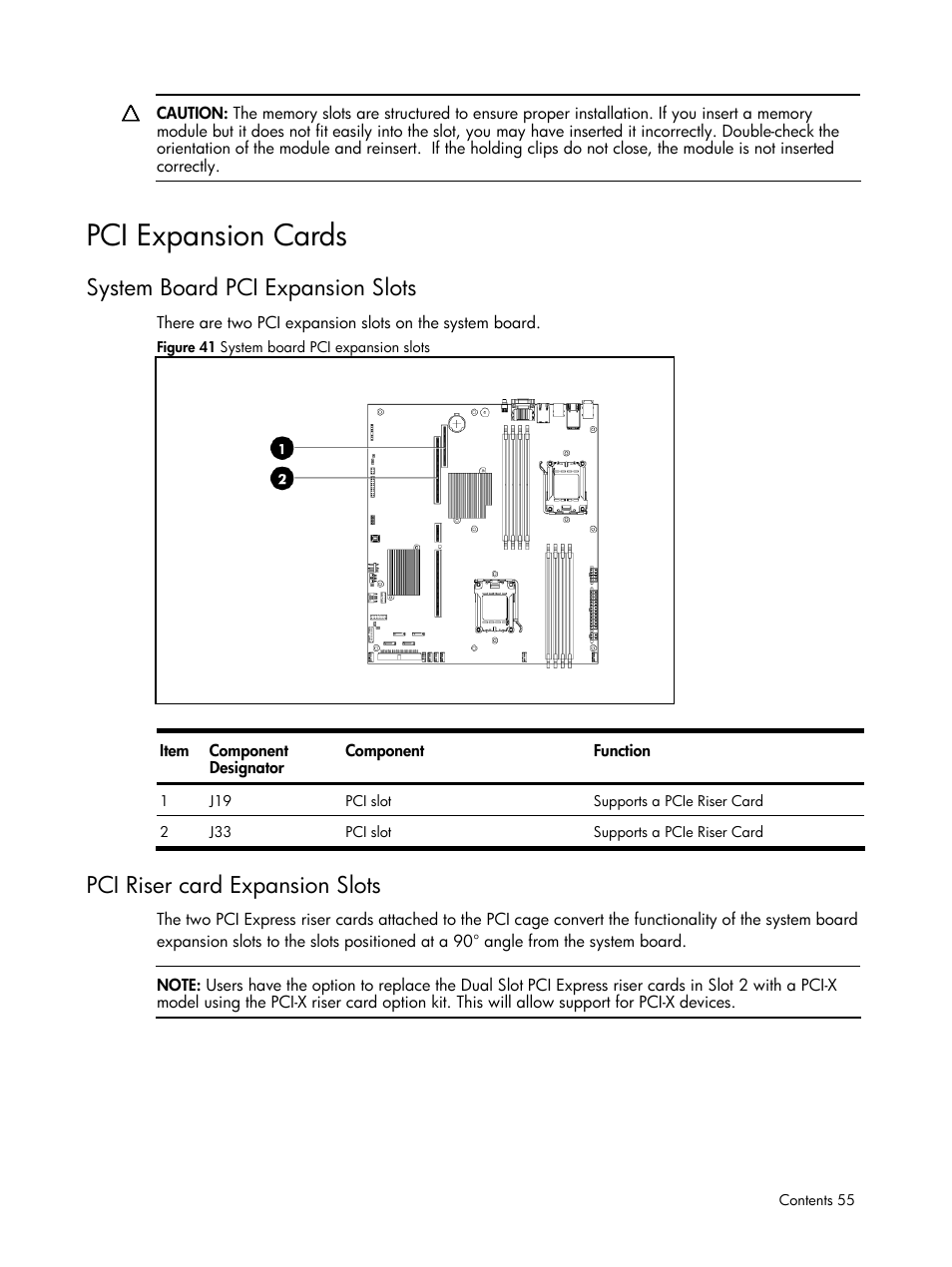 Pci expansion cards, System board pci expansion slots, Pci riser card expansion slots | HP DL185 User Manual | Page 55 / 103