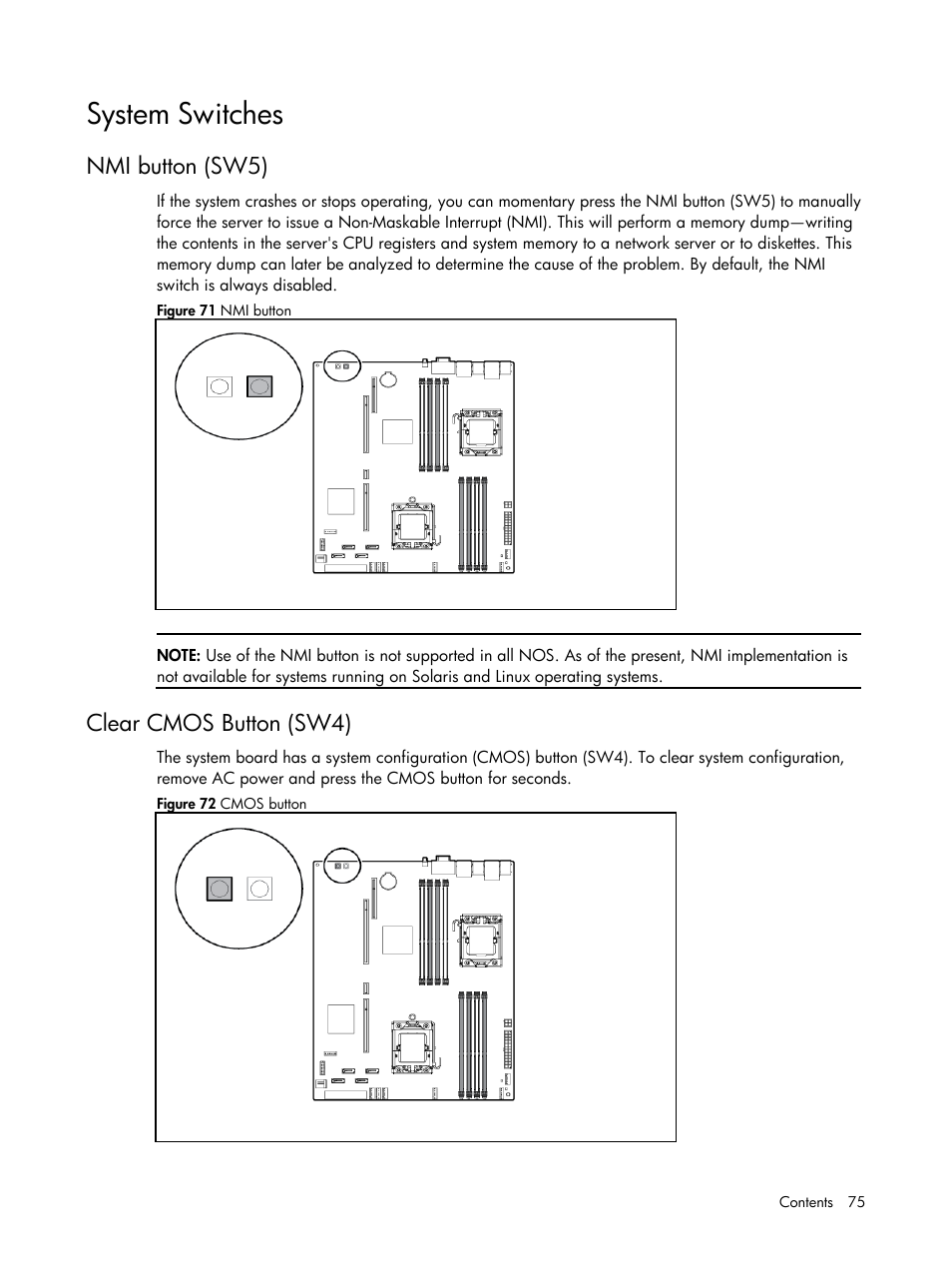 System switches, Nmi button (sw5), Clear cmos button (sw4) | HP DL185 User Manual | Page 75 / 103