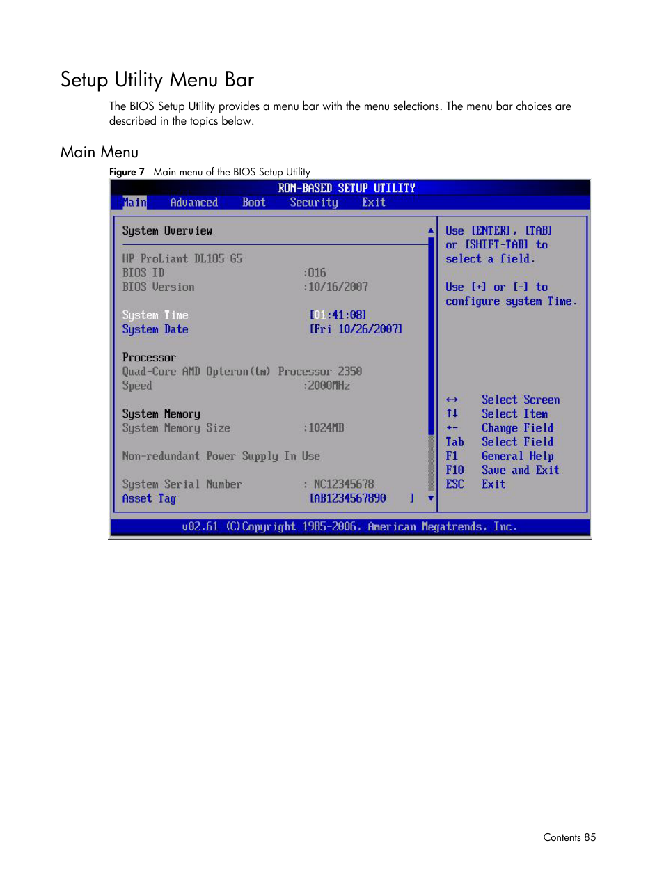 Setup utility menu bar, Main menu | HP DL185 User Manual | Page 85 / 103