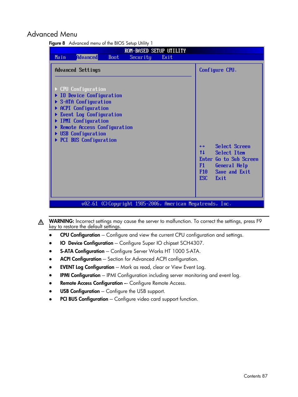 Advanced menu | HP DL185 User Manual | Page 87 / 103