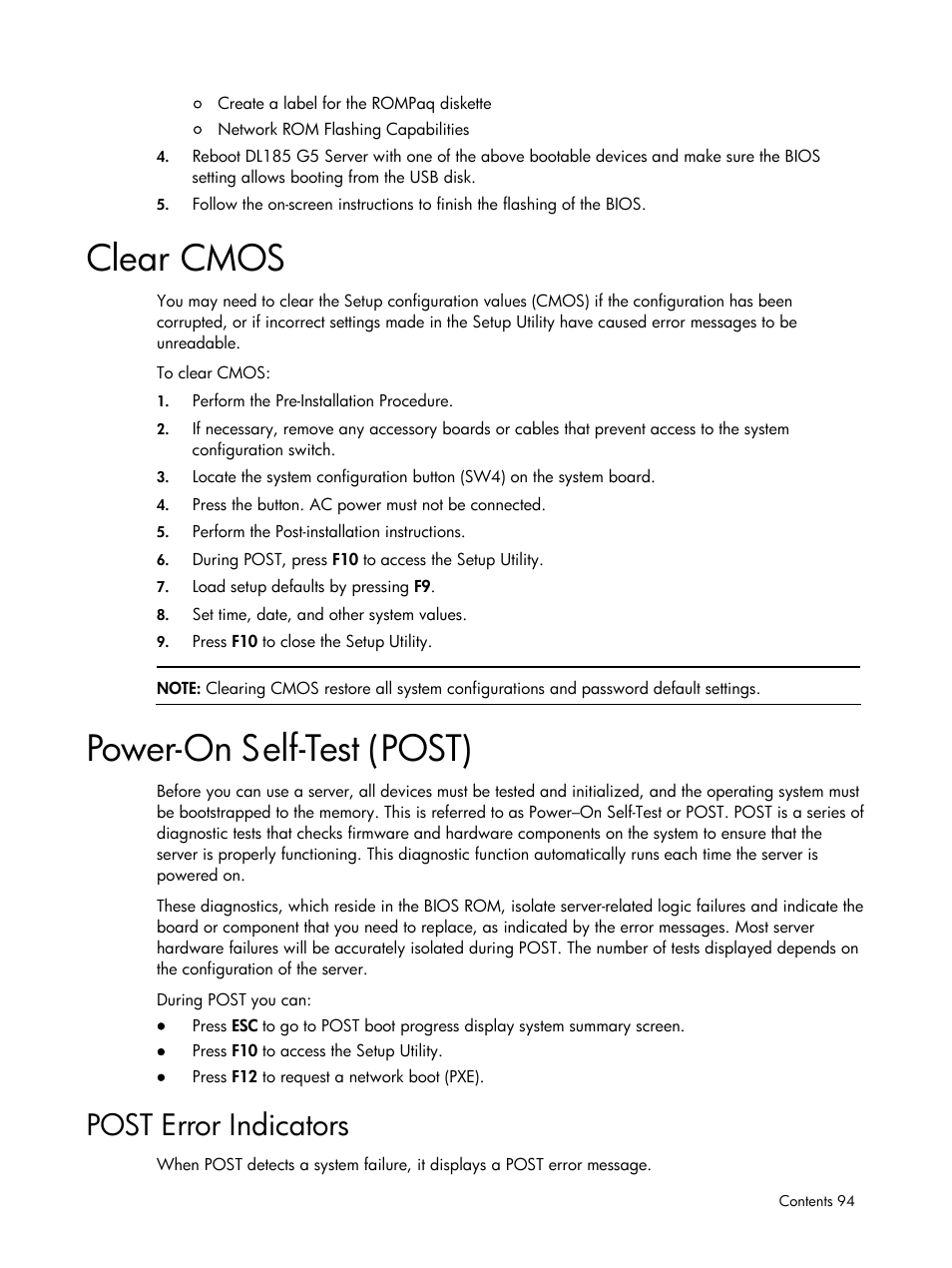 Clear cmos, Power-on self-test (post), Post error indicators | HP DL185 User Manual | Page 94 / 103