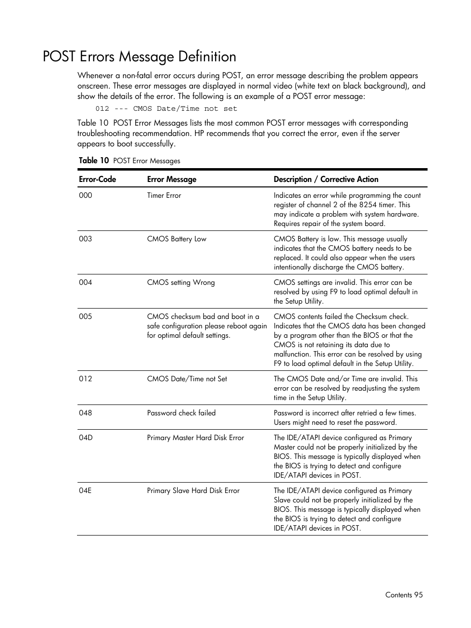 Post errors message definition | HP DL185 User Manual | Page 95 / 103