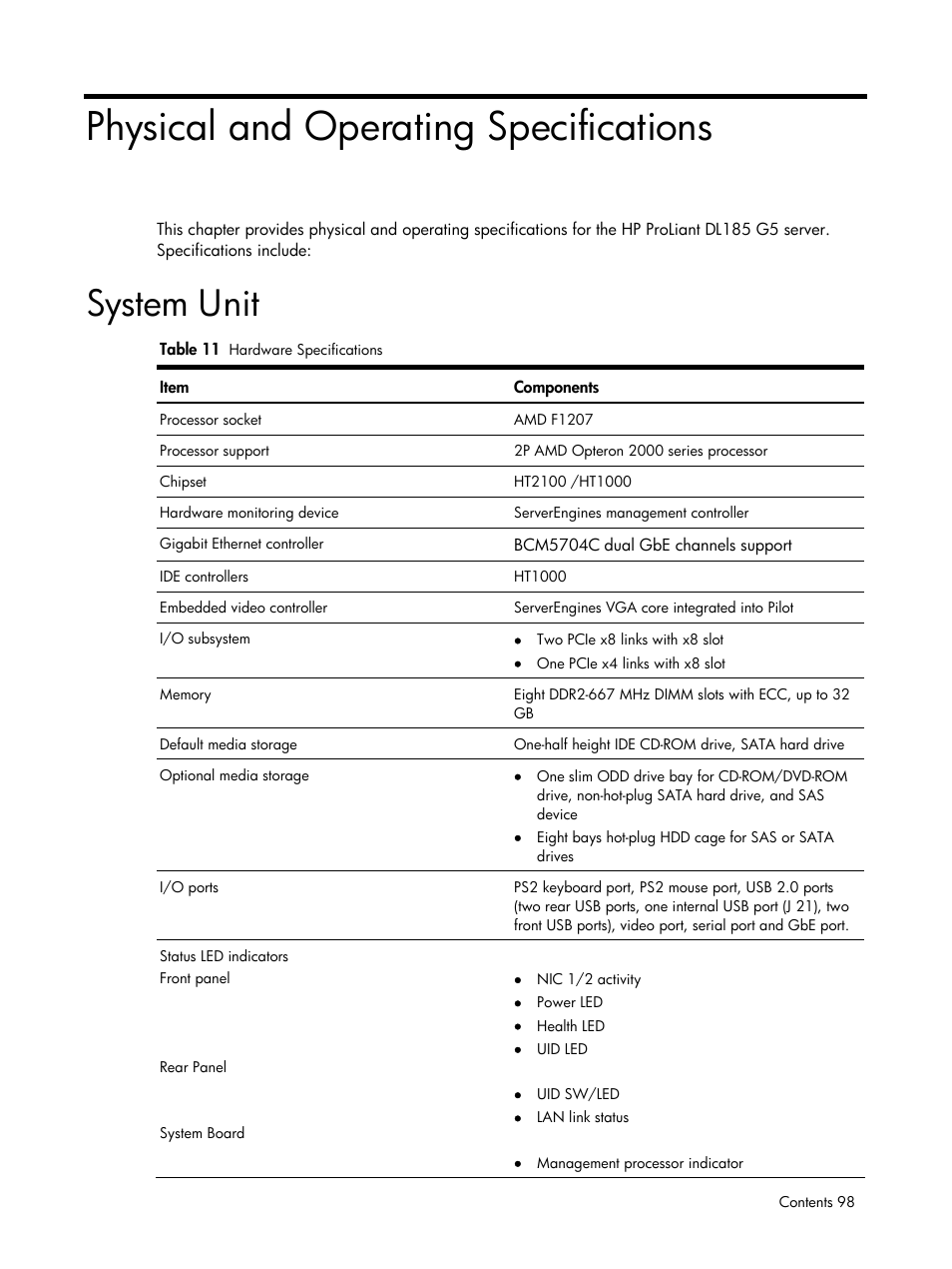 Physical and operating specifications, System unit | HP DL185 User Manual | Page 98 / 103