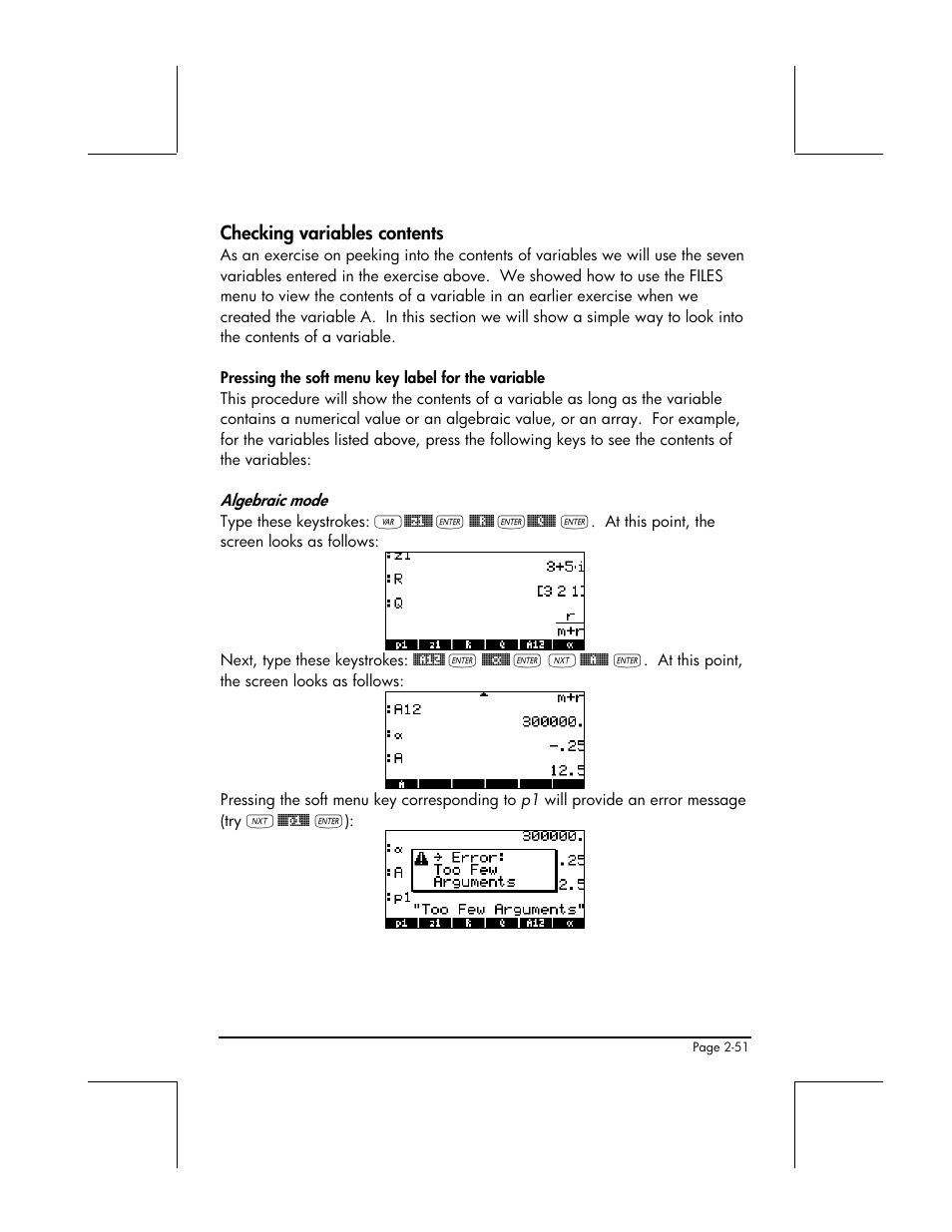 Checking variables contents | HP 49g+ User Manual | Page 106 / 862