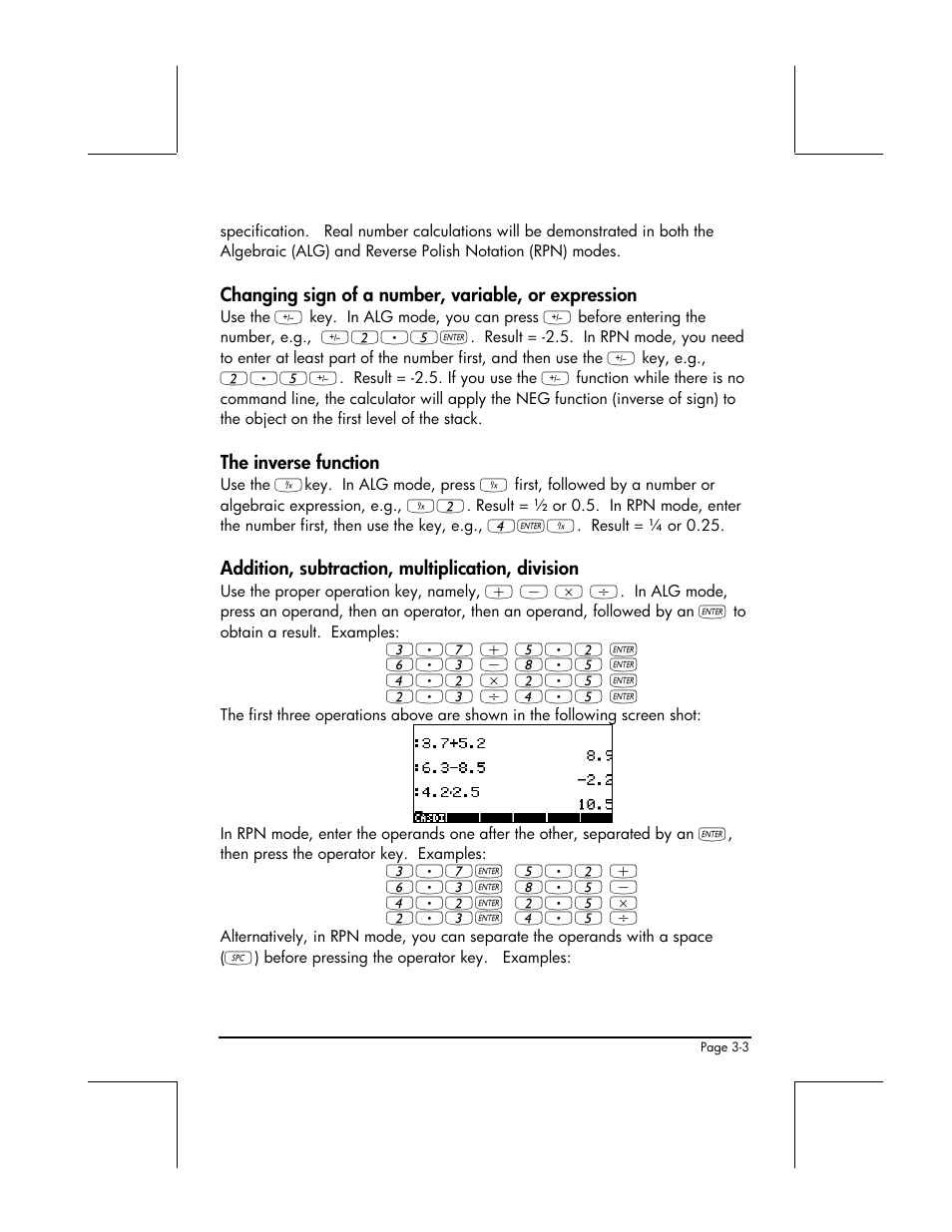 Changing sign of a number, variable, or expression, The inverse function, Addition, subtraction, multiplication, division | HP 49g+ User Manual | Page 125 / 862