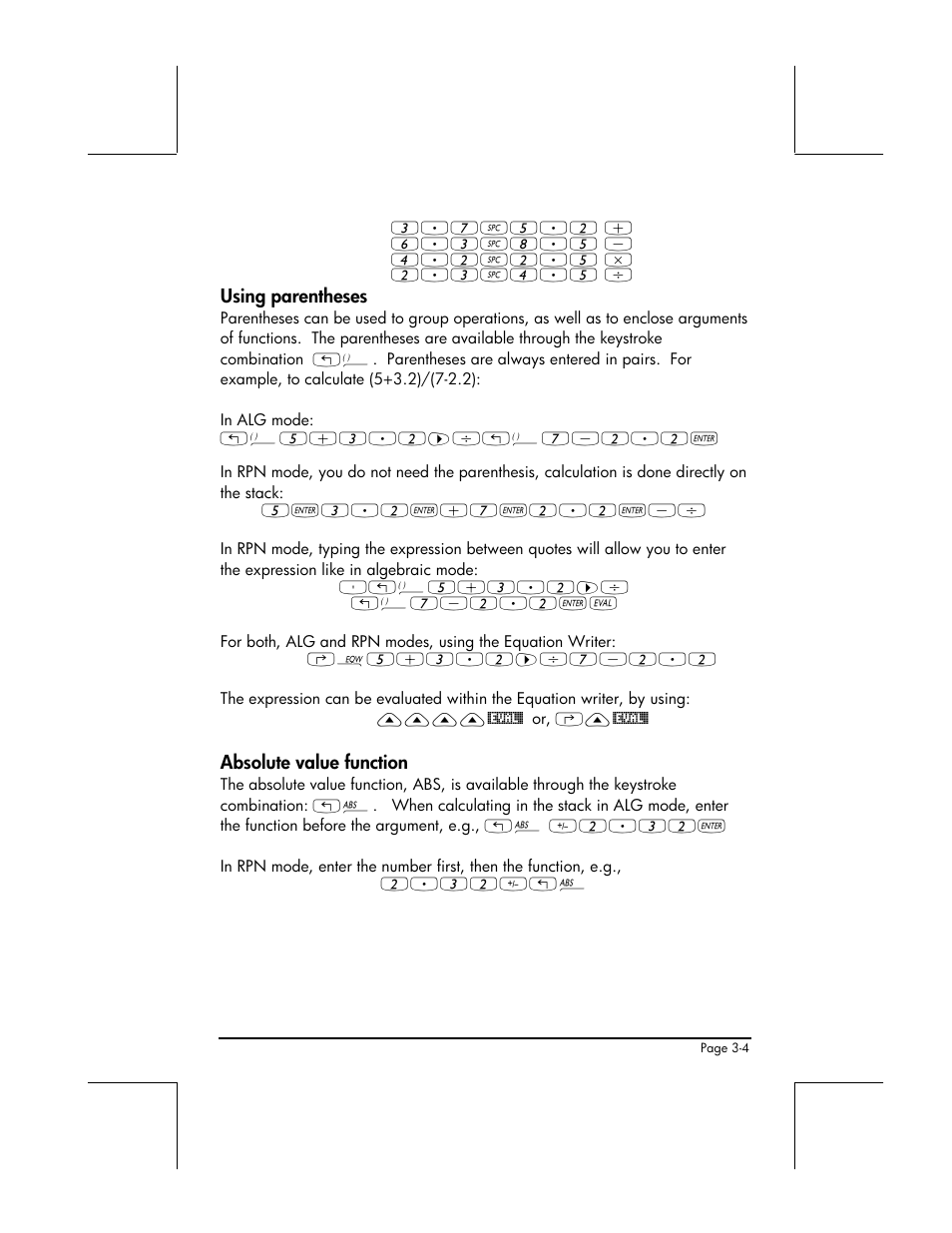 Using parentheses, Absolute value function | HP 49g+ User Manual | Page 126 / 862