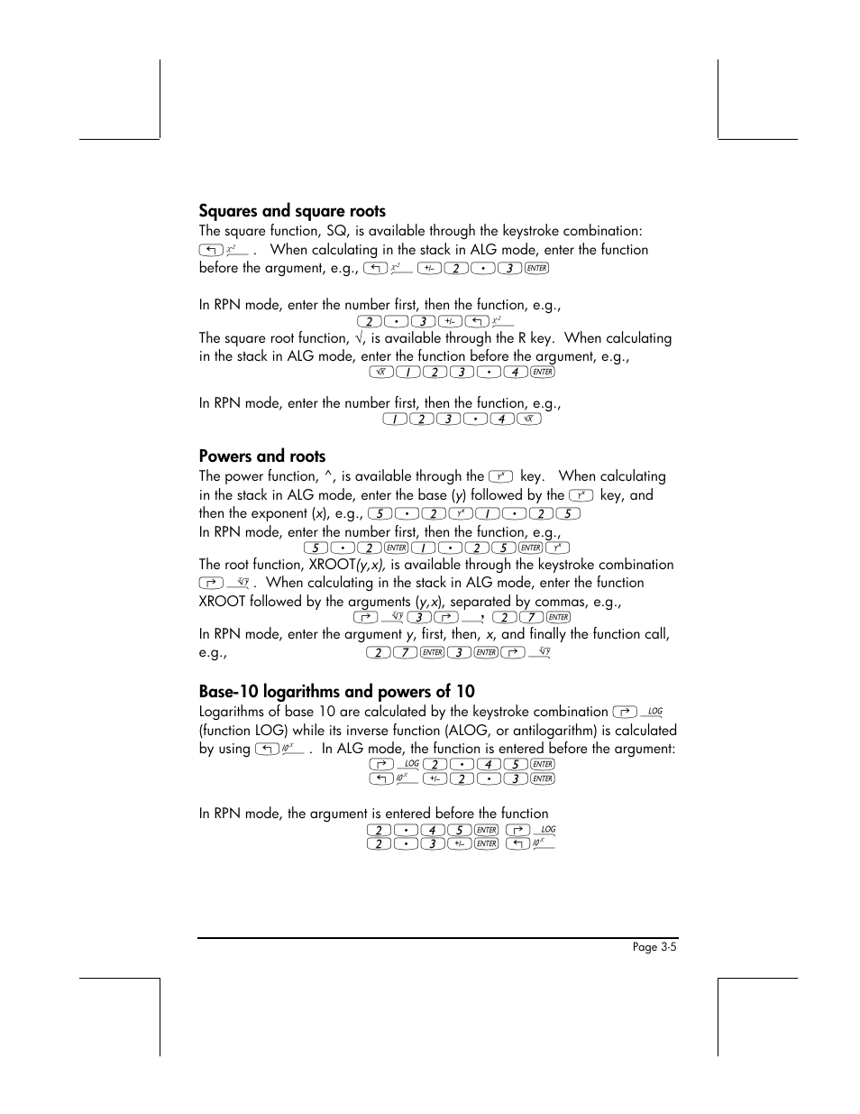 Squares and square roots, Powers and roots, Base-10 logarithms and powers of 10 | HP 49g+ User Manual | Page 127 / 862