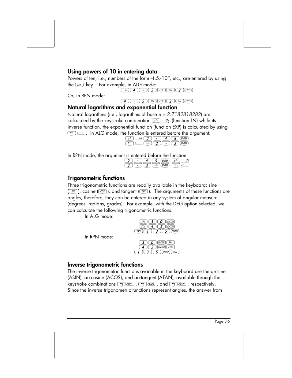 Using powers of 10 in entering data, Trigonometric functions, Inverse trigonometric functions | HP 49g+ User Manual | Page 128 / 862