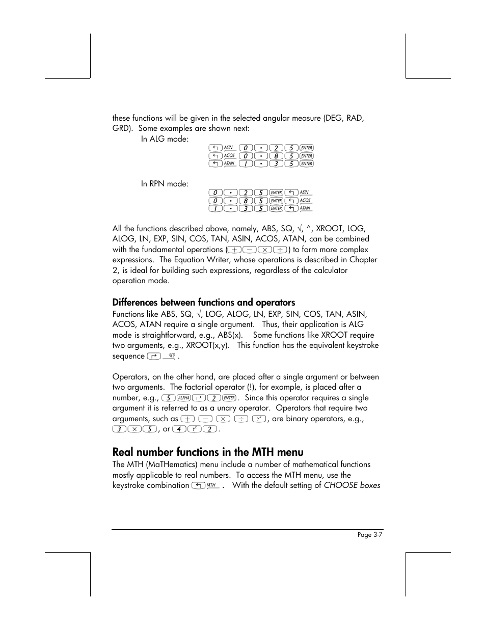Differences between functions and operators, Real number functions in the mth menu | HP 49g+ User Manual | Page 129 / 862