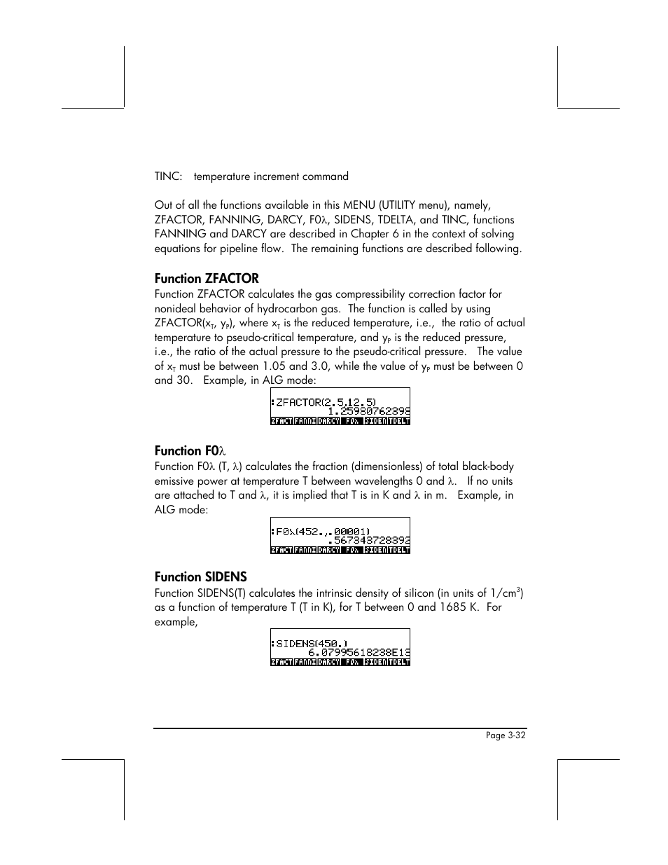 Function zfactor, Function f0λ, Function sidens | Function f0 λ | HP 49g+ User Manual | Page 154 / 862