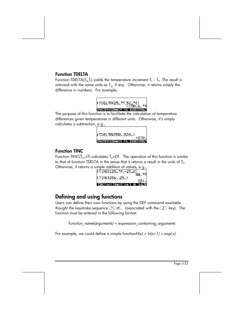Function tdelta, Function tinc, Defining and using functions | HP 49g+ User Manual | Page 155 / 862