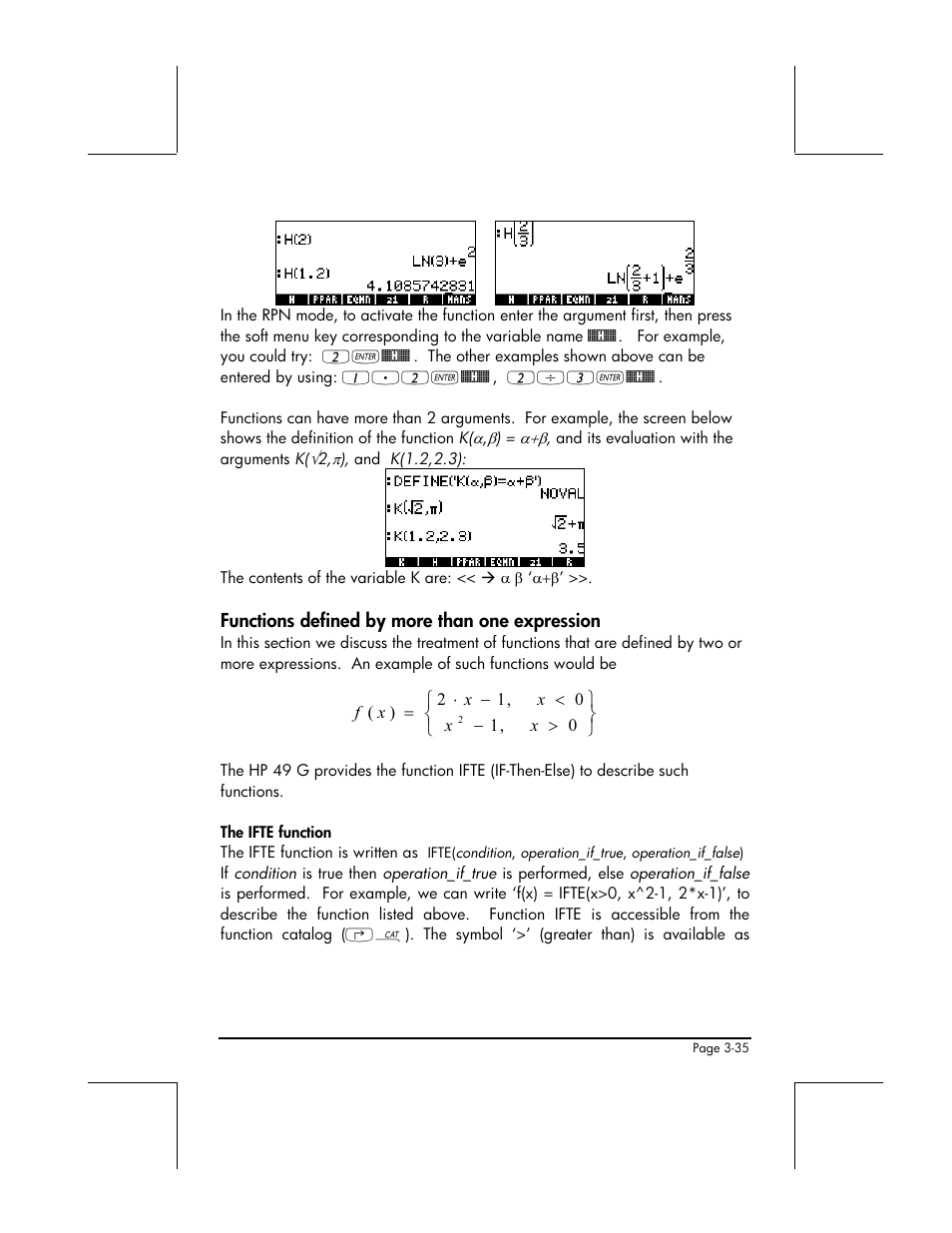 Functions defined by more than one expression, The ifte function | HP 49g+ User Manual | Page 157 / 862