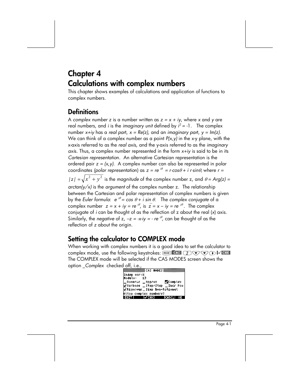 Chapter 4 calculations with complex numbers, Definitions, Setting the calculator to complex mode | HP 49g+ User Manual | Page 159 / 862