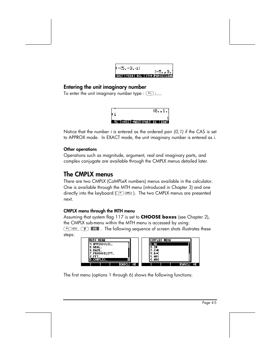 Entering the unit imaginary number, The cmplx menus, Cmplx menu through the mth menu | HP 49g+ User Manual | Page 163 / 862