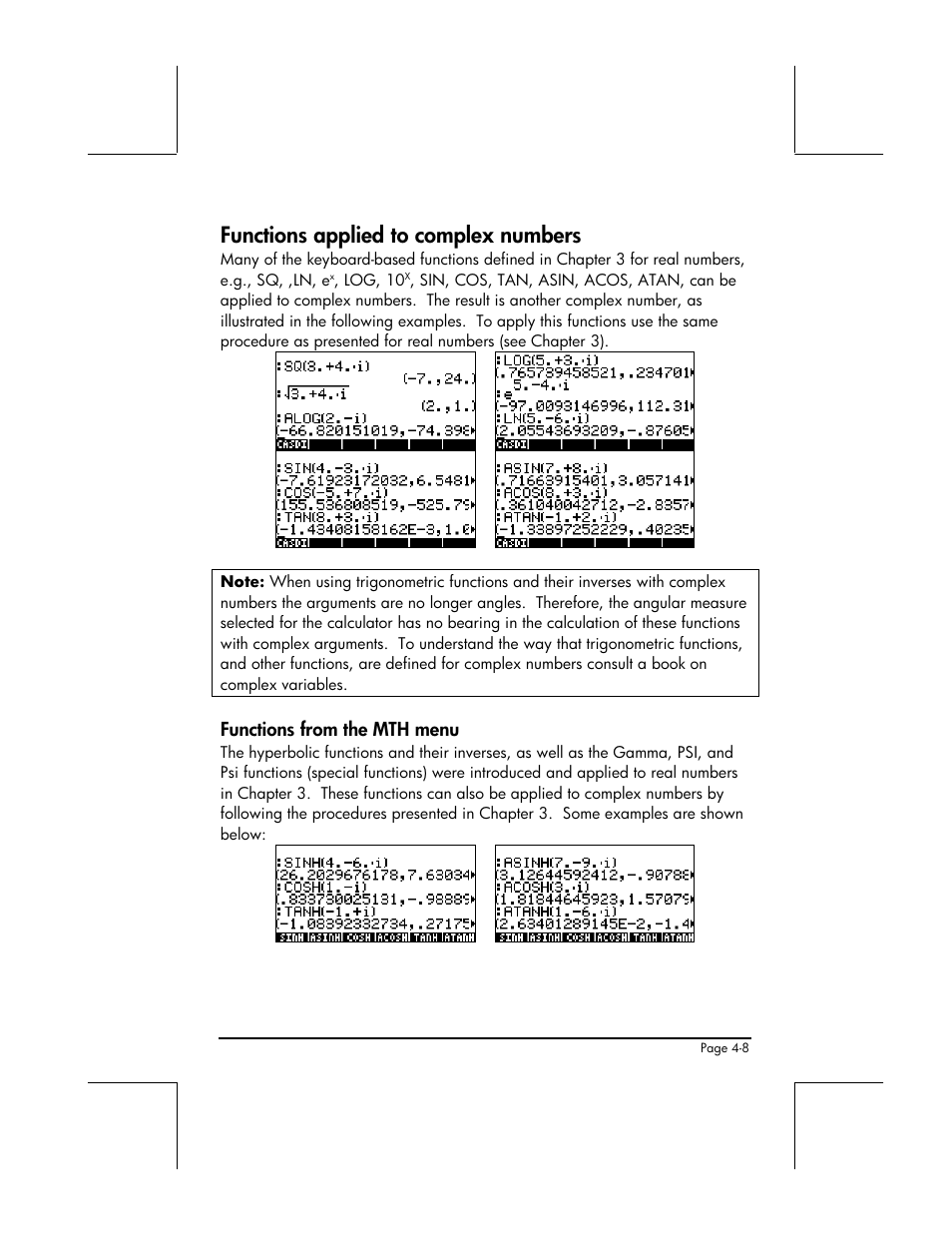 Functions applied to complex numbers, Functions from the mth menu | HP 49g+ User Manual | Page 166 / 862