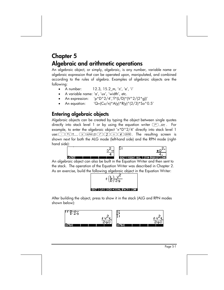 Chapter 5 algebraic and arithmetic operations, Entering algebraic objects | HP 49g+ User Manual | Page 168 / 862