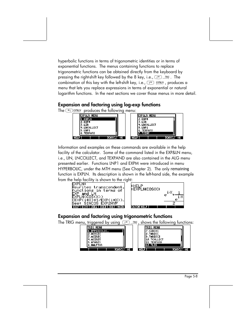 Expansion and factoring using log-exp functions | HP 49g+ User Manual | Page 175 / 862