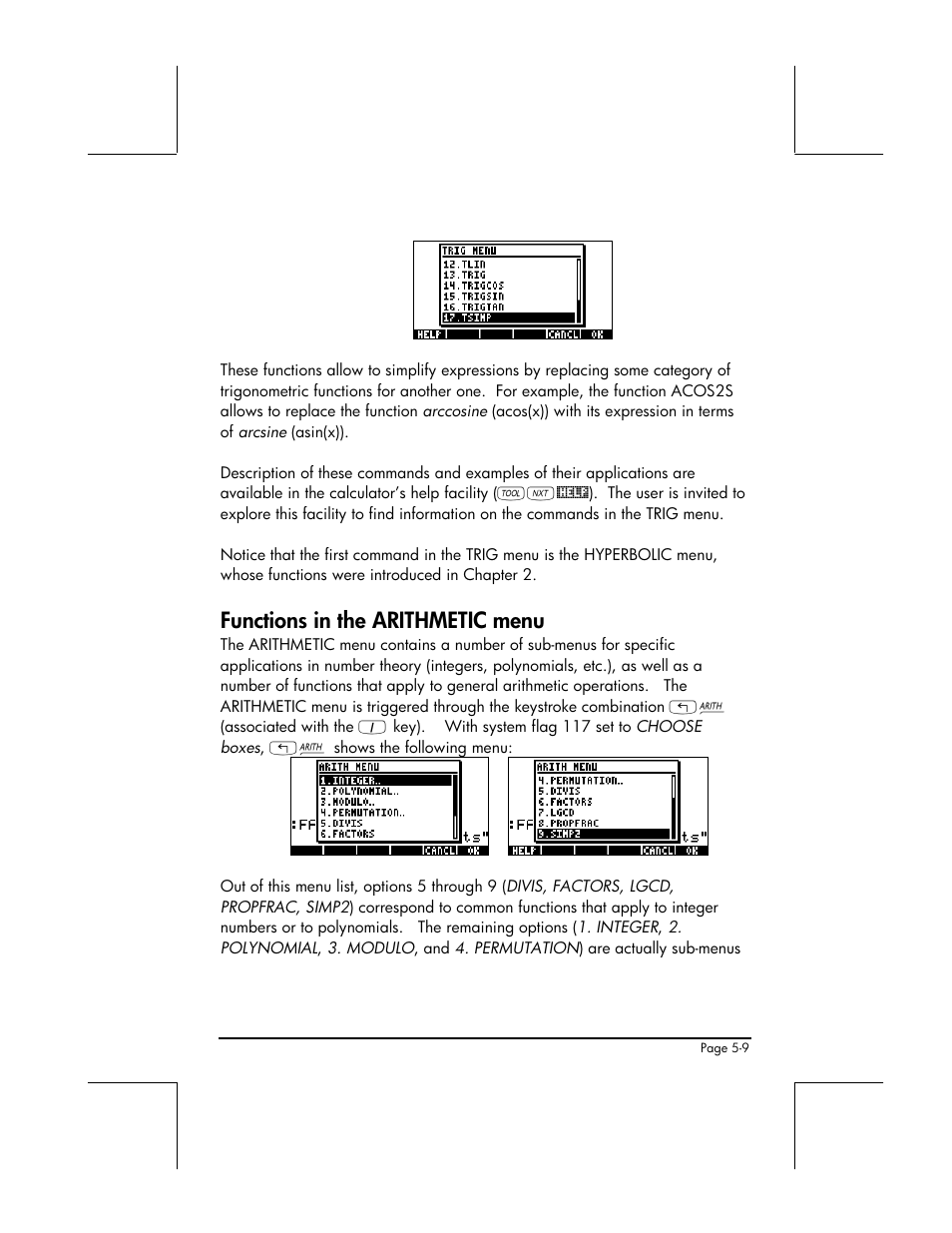 Functions in the arithmetic menu | HP 49g+ User Manual | Page 176 / 862